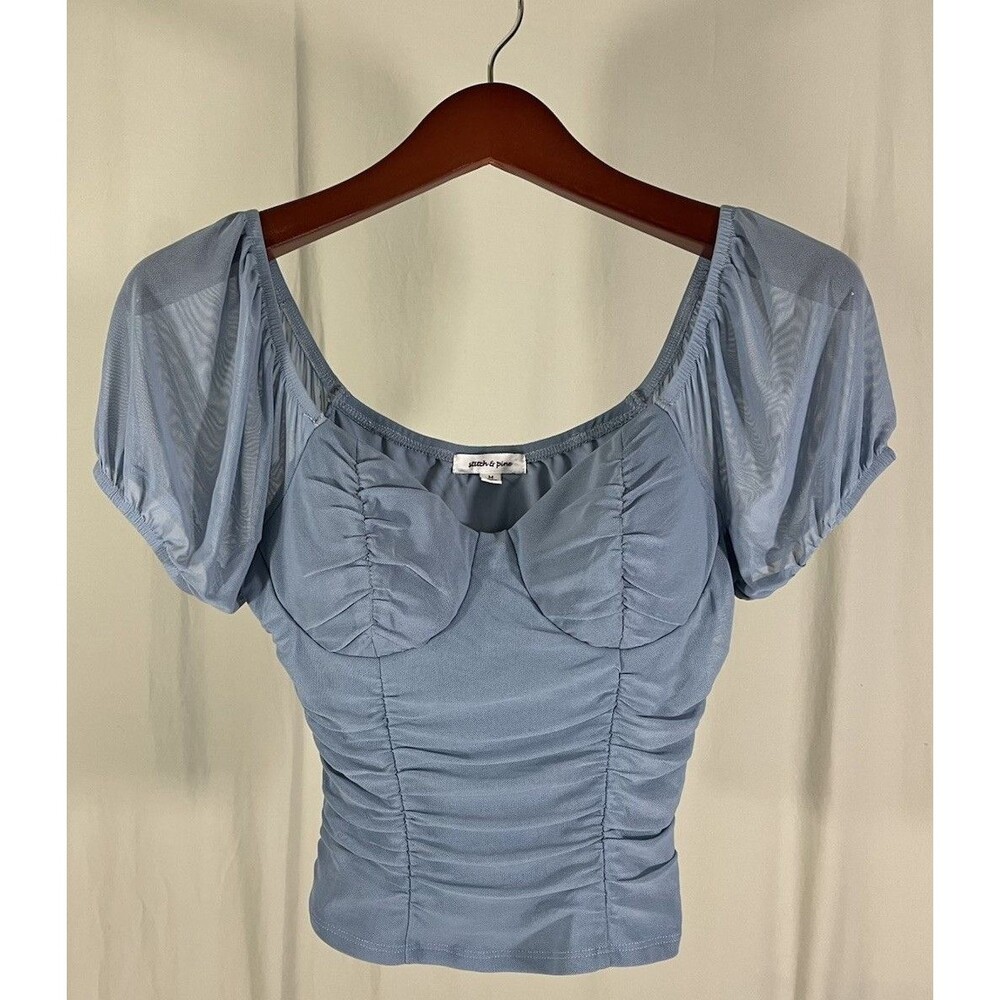 Stitch & Pine Blue Milkmaid Crop Corset Short Sleeve Cottagecore Top Sz M